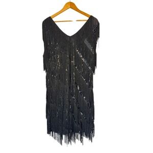 Gatsby PrettyGuide Women XXL Flapper Dress Black Sequin Fringe 1920s Cocktail